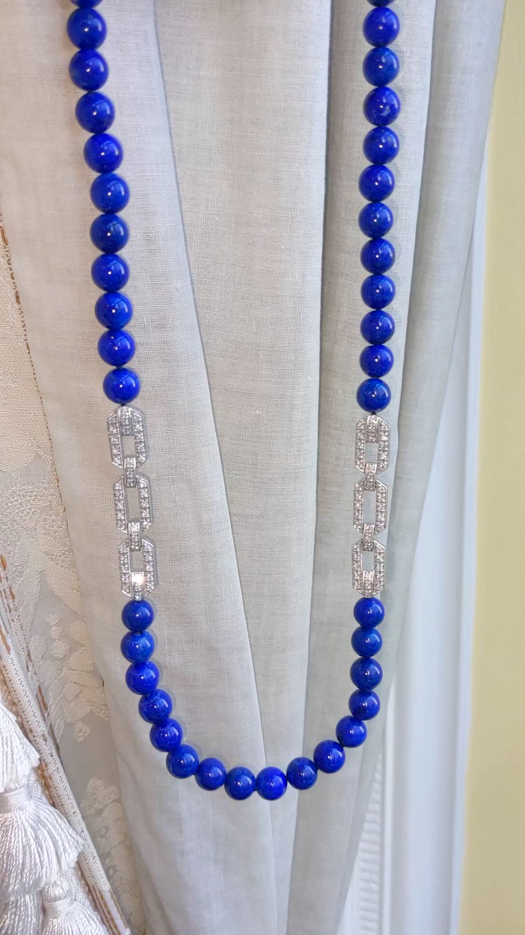 196.40 Ct. Lapis and Natural Diamond Antique Style Necklace, 14K White Gold Size Video