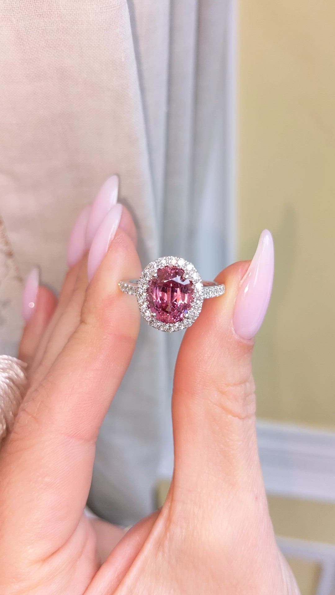 3.49 Ct. Pink Spinel and Natural Diamond Pave Ring, 18K White Gold Size Video