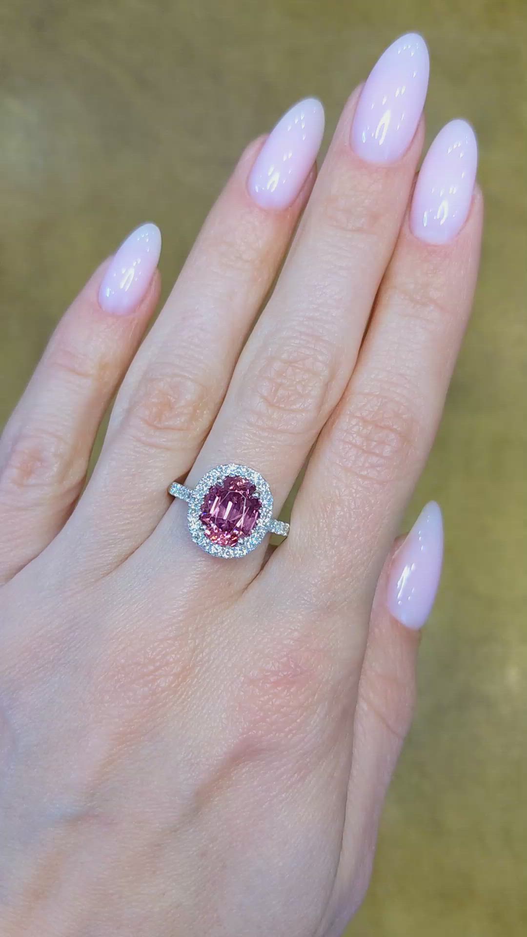 3.49 Ct. Pink Spinel and Natural Diamond Pave Ring, 18K White Gold Size Video