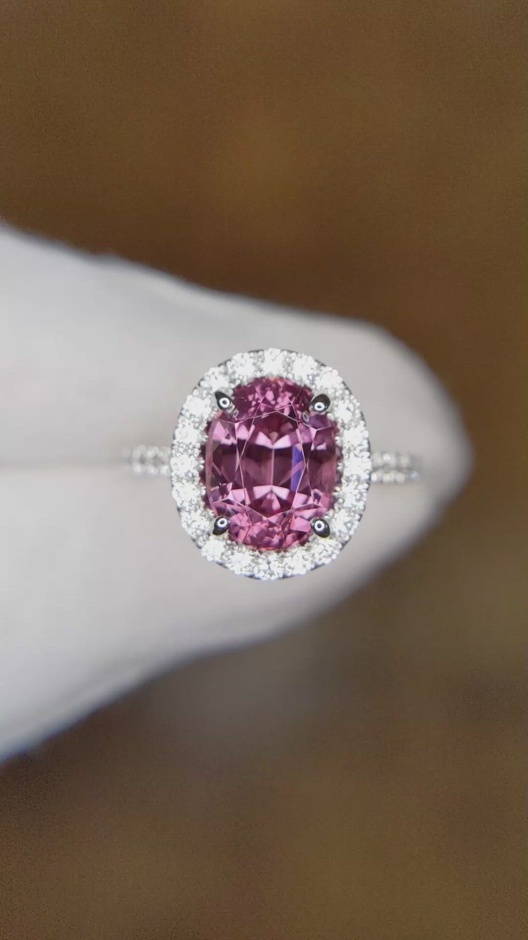 3.49 Ct. Pink Spinel and Natural Diamond Pave Ring, 18K White Gold Size Video