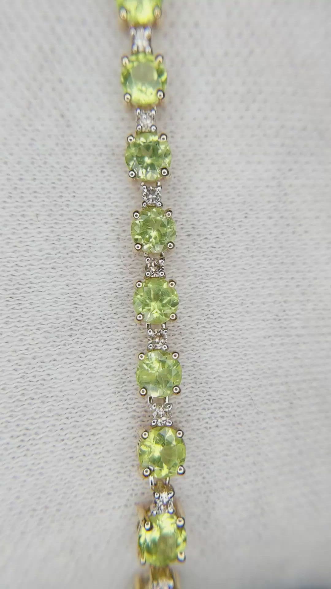 7.90 Ct.Tw.Total Carat Weight Green (Lime Green) Peridot and Natural Diamond Tennis/Line Bracelet, 14K Yellow Gold Size Video