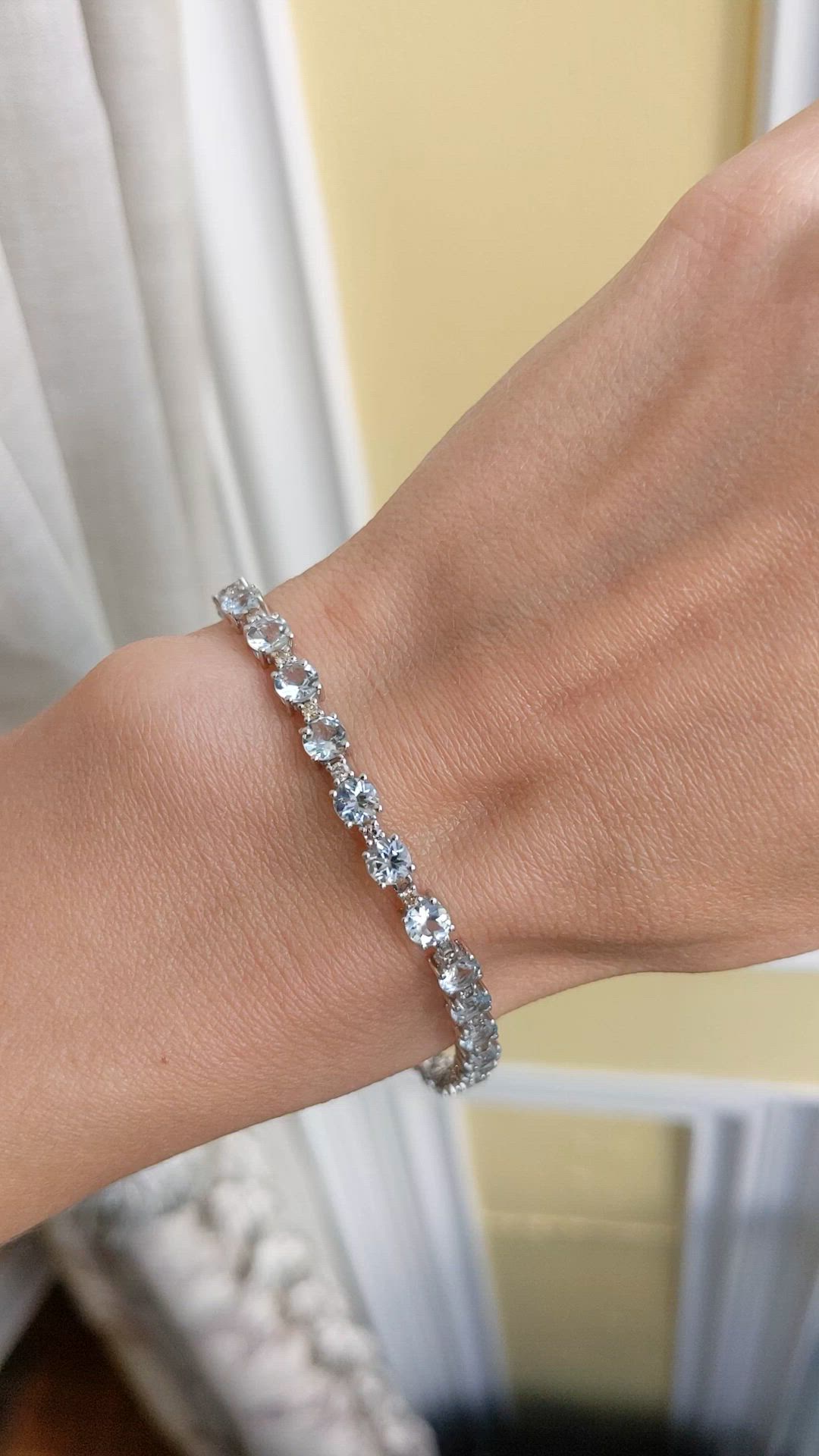 2.11 Ct.Tw.Total Carat Weight Blue Aquamarine and Natural Diamond Tennis/Line Bracelet, 14K White Gold Size Video