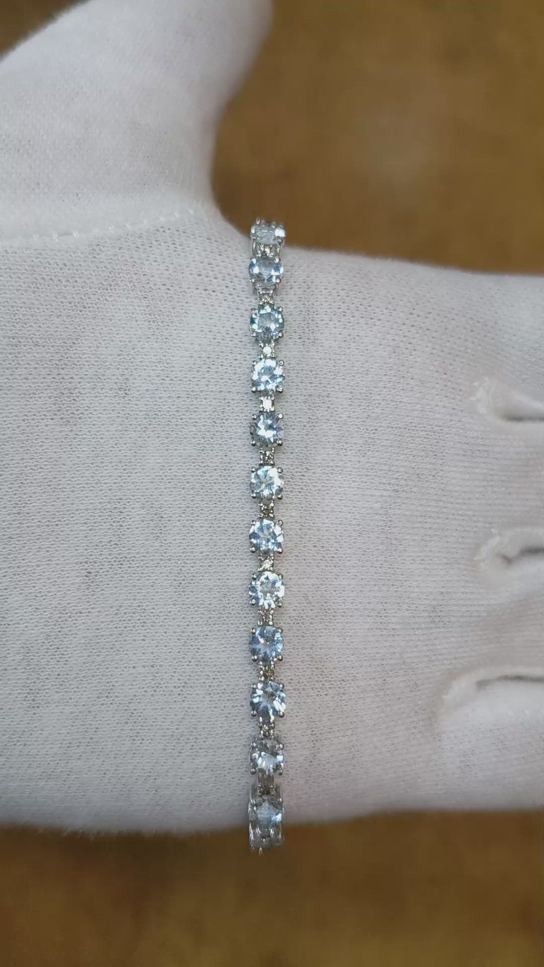 2.11 Ct.Tw.Total Carat Weight Blue Aquamarine and Natural Diamond Tennis/Line Bracelet, 14K White Gold Size Video