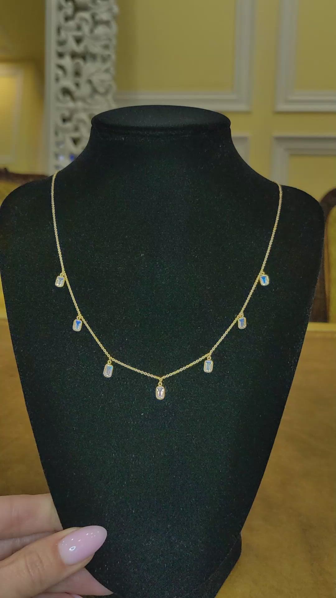 2.11 Ct. Rainbow Moonstone Accent Stones Necklace, 18K Yellow Gold Size Video