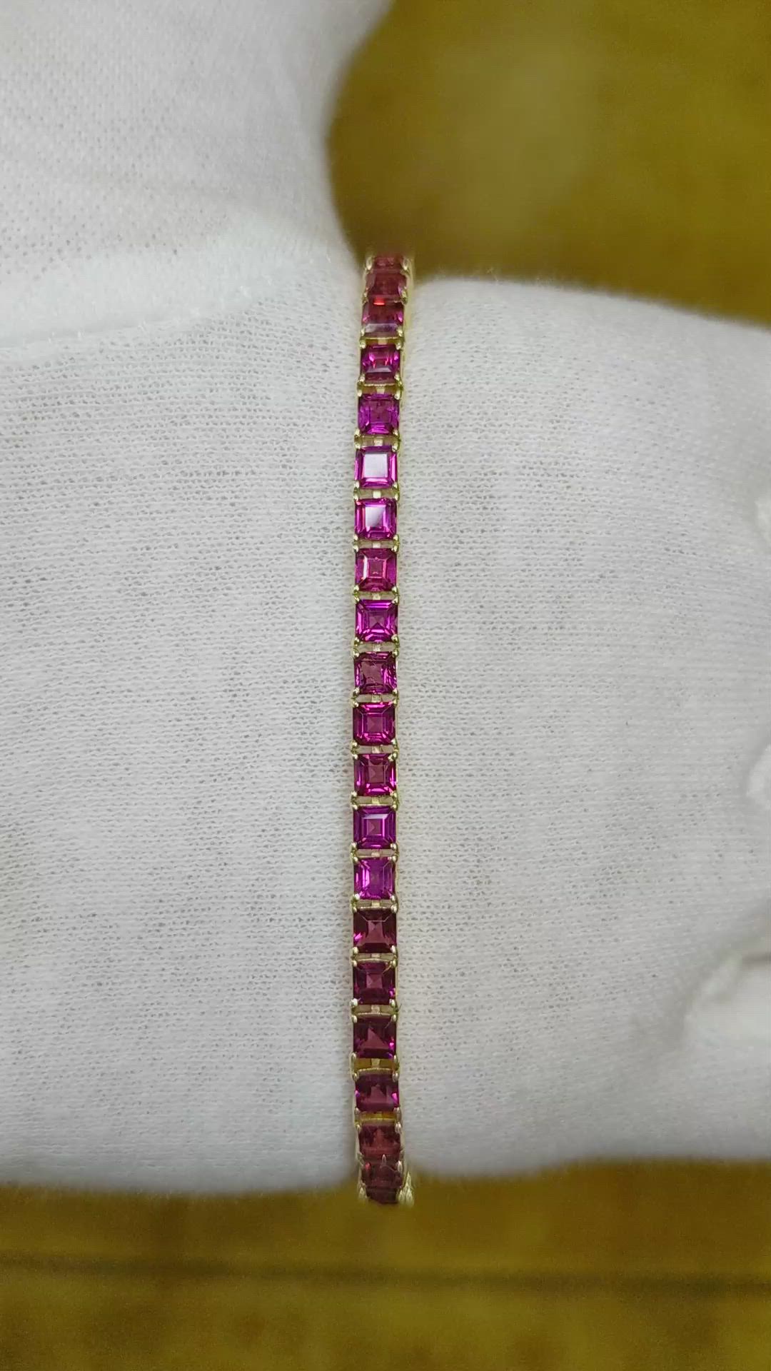 8.60 Ct.Tw.Total Carat Weight Pinkish Purple Rhodolite Garnet Tennis/Line Bracelet, 14K Yellow Gold Size Video