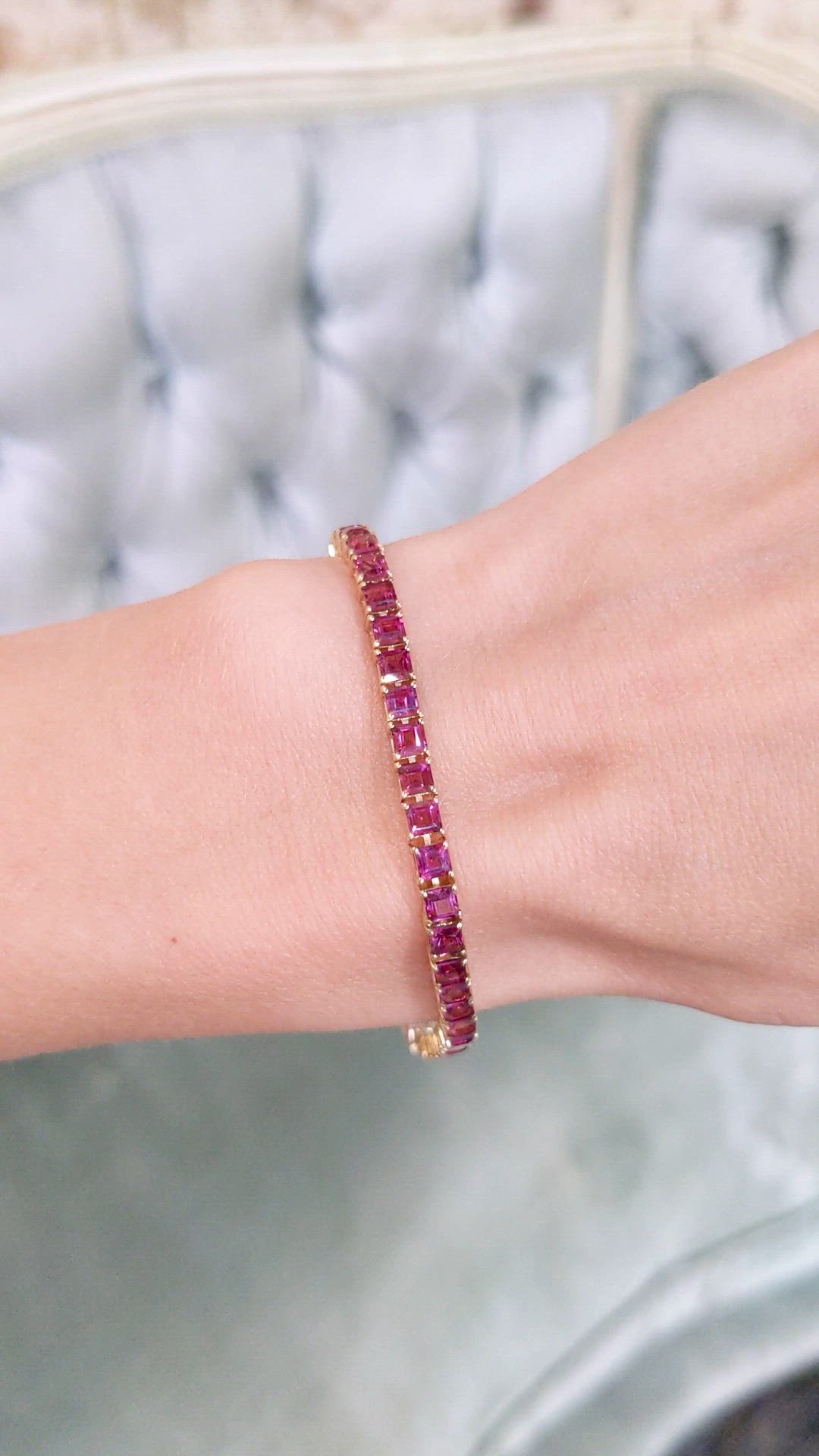 8.60 Ct.Tw.Total Carat Weight Pinkish Purple Rhodolite Garnet Tennis/Line Bracelet, 14K Yellow Gold Size Video