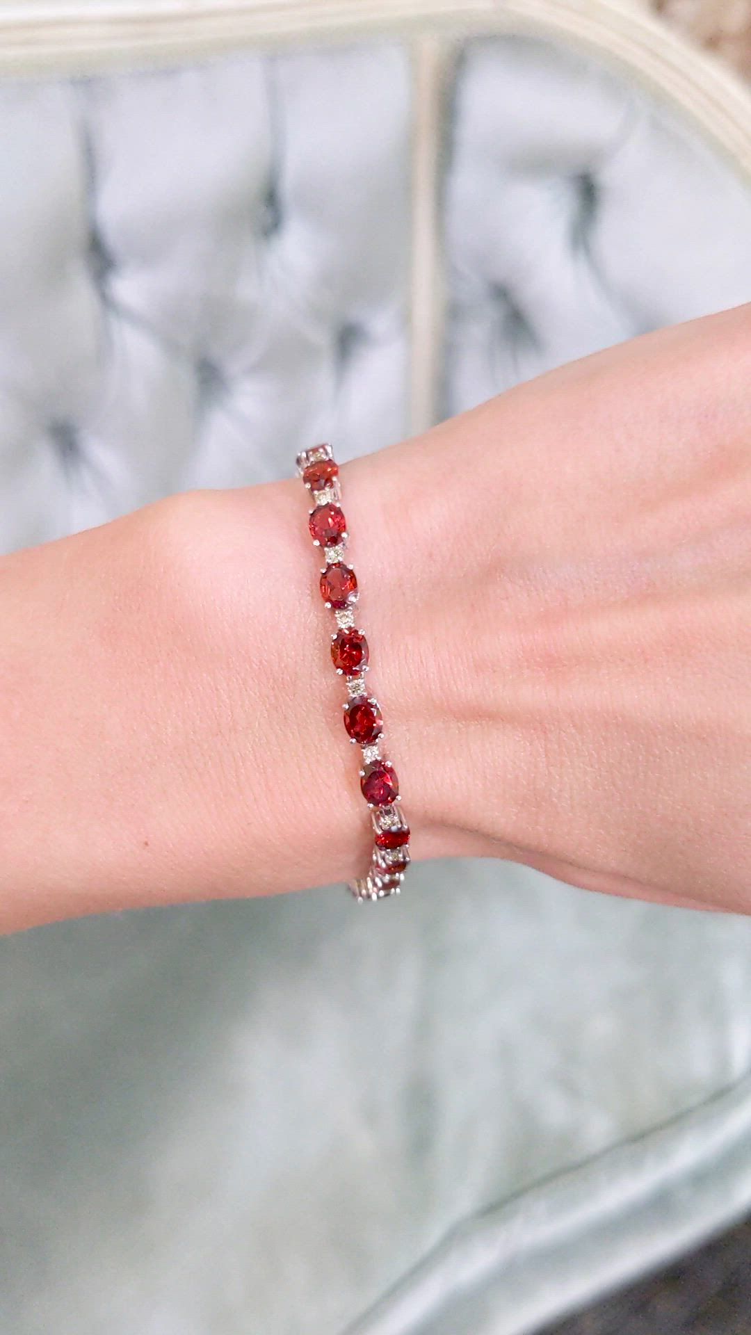 11.26&nbsp;Ct.Tw.Total Carat Weight Brownish Red Garnet and Natural Diamond Accent Stones Bracelet, 14K White Gold Size Video