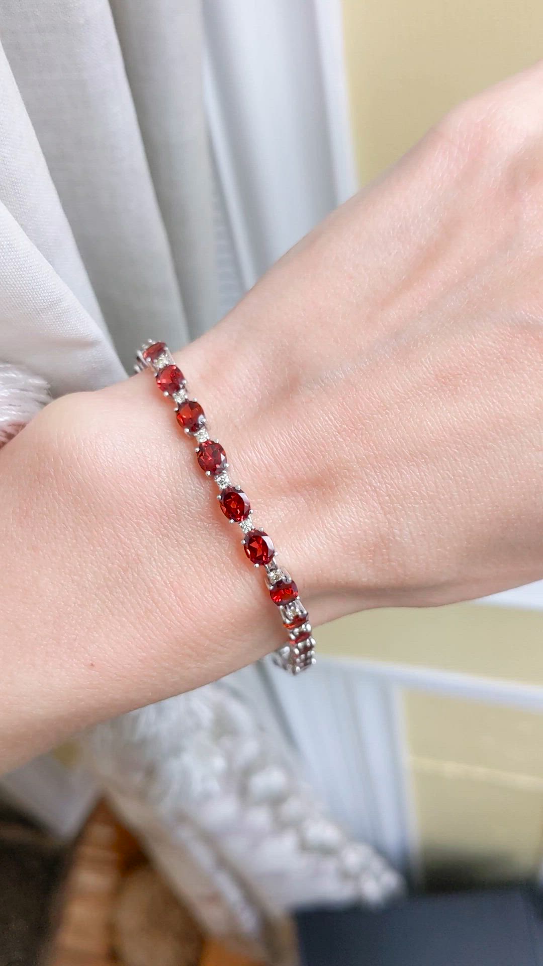 11.26&nbsp;Ct.Tw.Total Carat Weight Brownish Red Garnet and Natural Diamond Accent Stones Bracelet, 14K White Gold Size Video