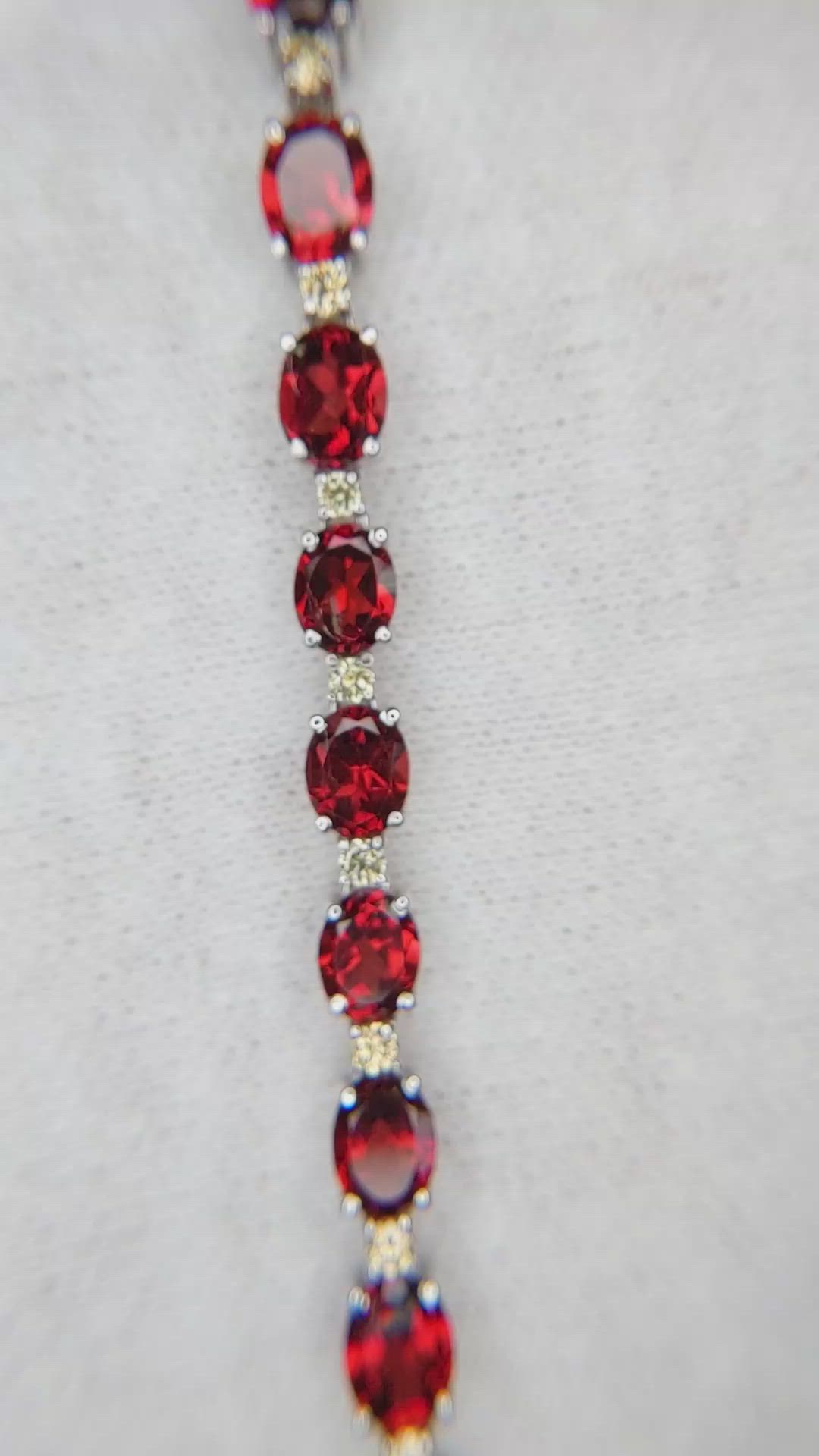 11.26&nbsp;Ct.Tw.Total Carat Weight Brownish Red Garnet and Natural Diamond Accent Stones Bracelet, 14K White Gold Size Video