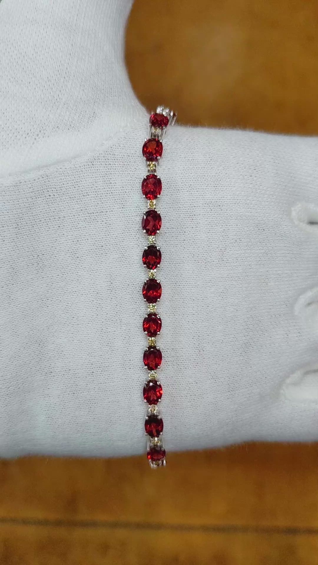 11.26&nbsp;Ct.Tw.Total Carat Weight Brownish Red Garnet and Natural Diamond Accent Stones Bracelet, 14K White Gold Size Video