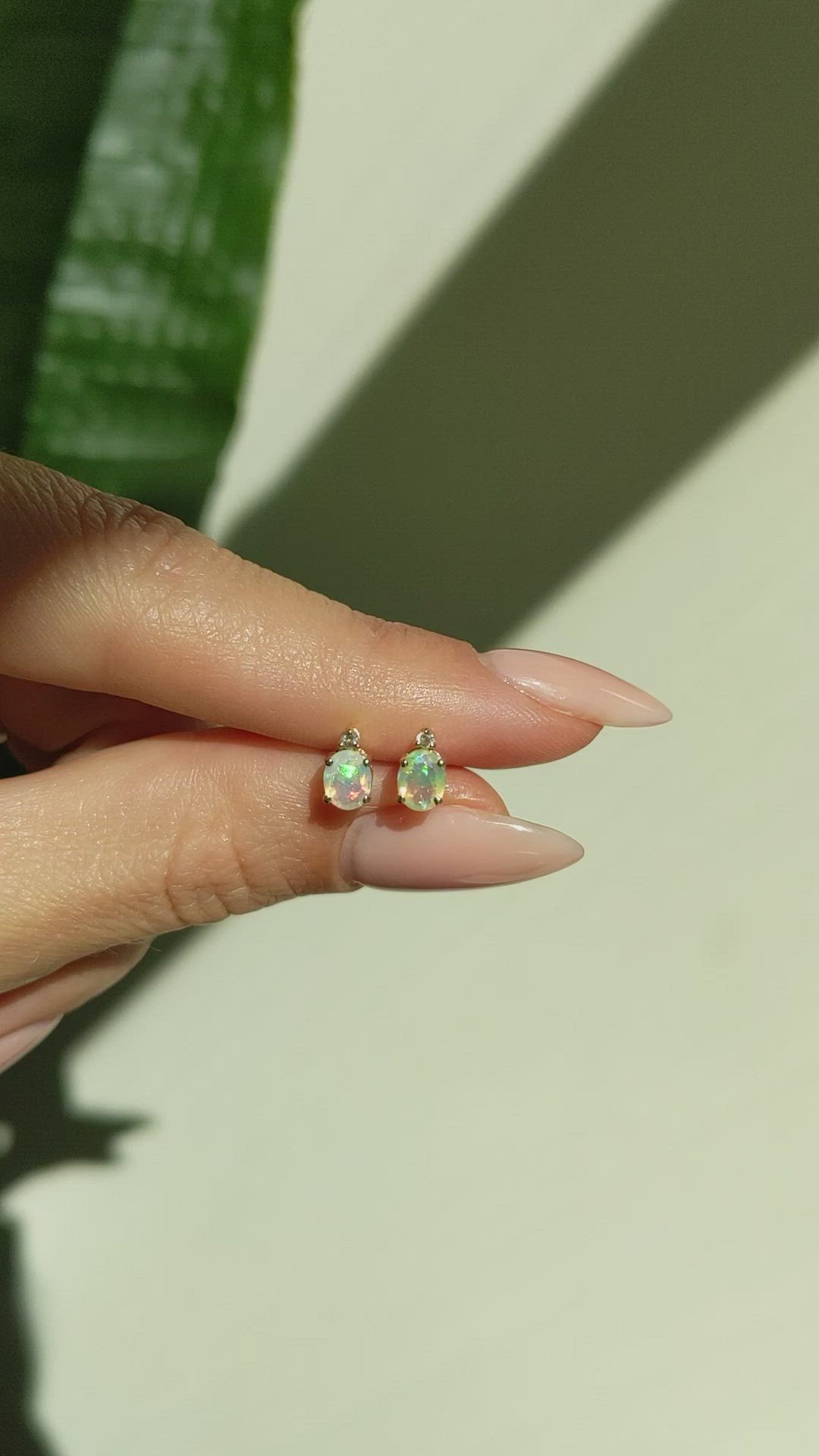 1.75 Ct.Tw.Total Carat Weight Multi Color Opal and Natural Diamond Studs Earrings, 14K Yellow Gold Size Video