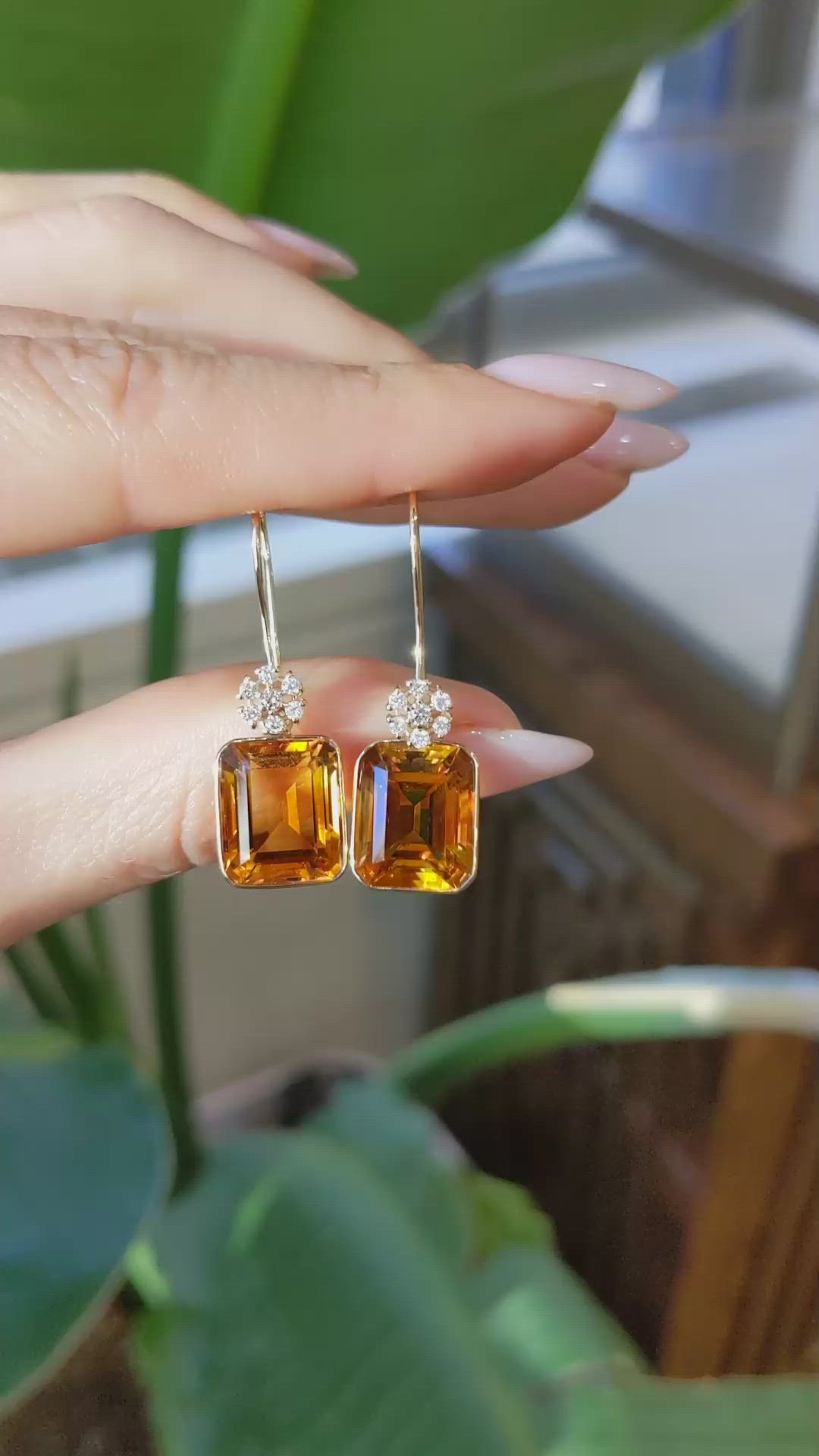 11.00 Ct.Tw.Total Carat Weight Orange Citrine and Natural Diamond Accent Stones Earrings, 14K Yellow Gold Size Video