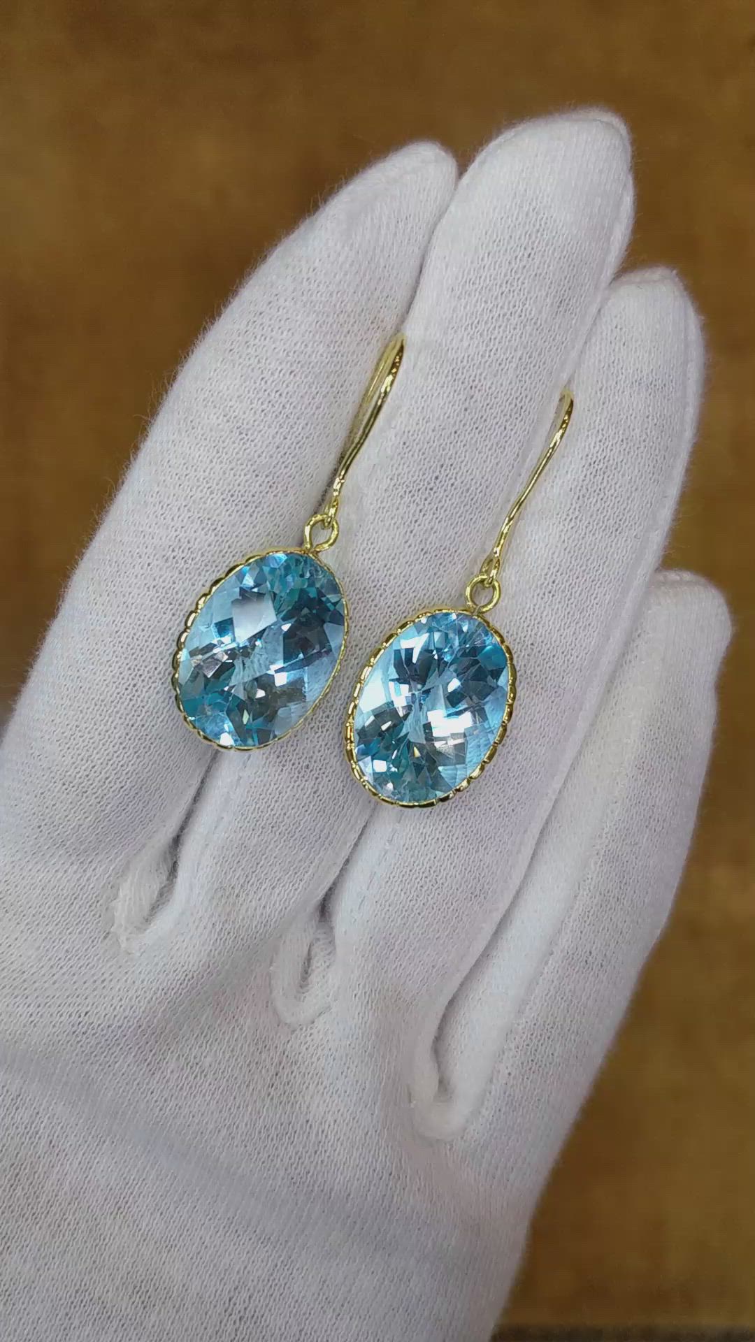 30.60&nbsp;Ct.Tw.Total Carat Weight Blue Topaz Drops Earrings, 18K Yellow Gold Size Video