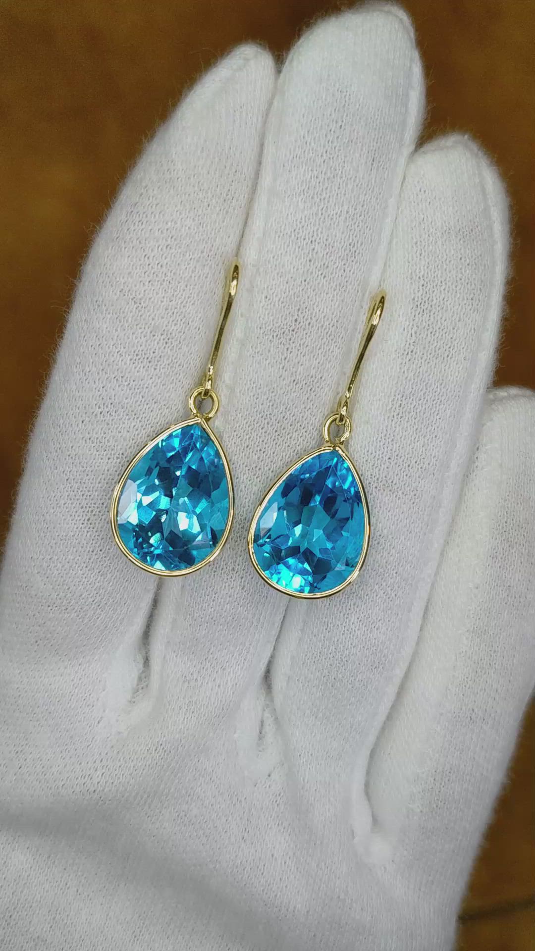 22.75 Ct.Tw.Total Carat Weight Blue Topaz Drops Earrings, 18K Yellow Gold Size Video