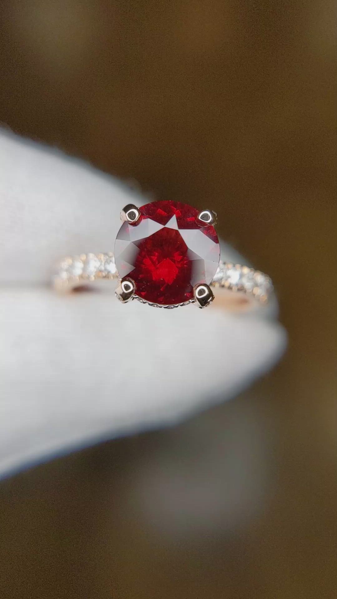 1.85 Ct. Purplish Red Garnet and Natural Diamond Pave Ring, 14K Rose Gold Size Video