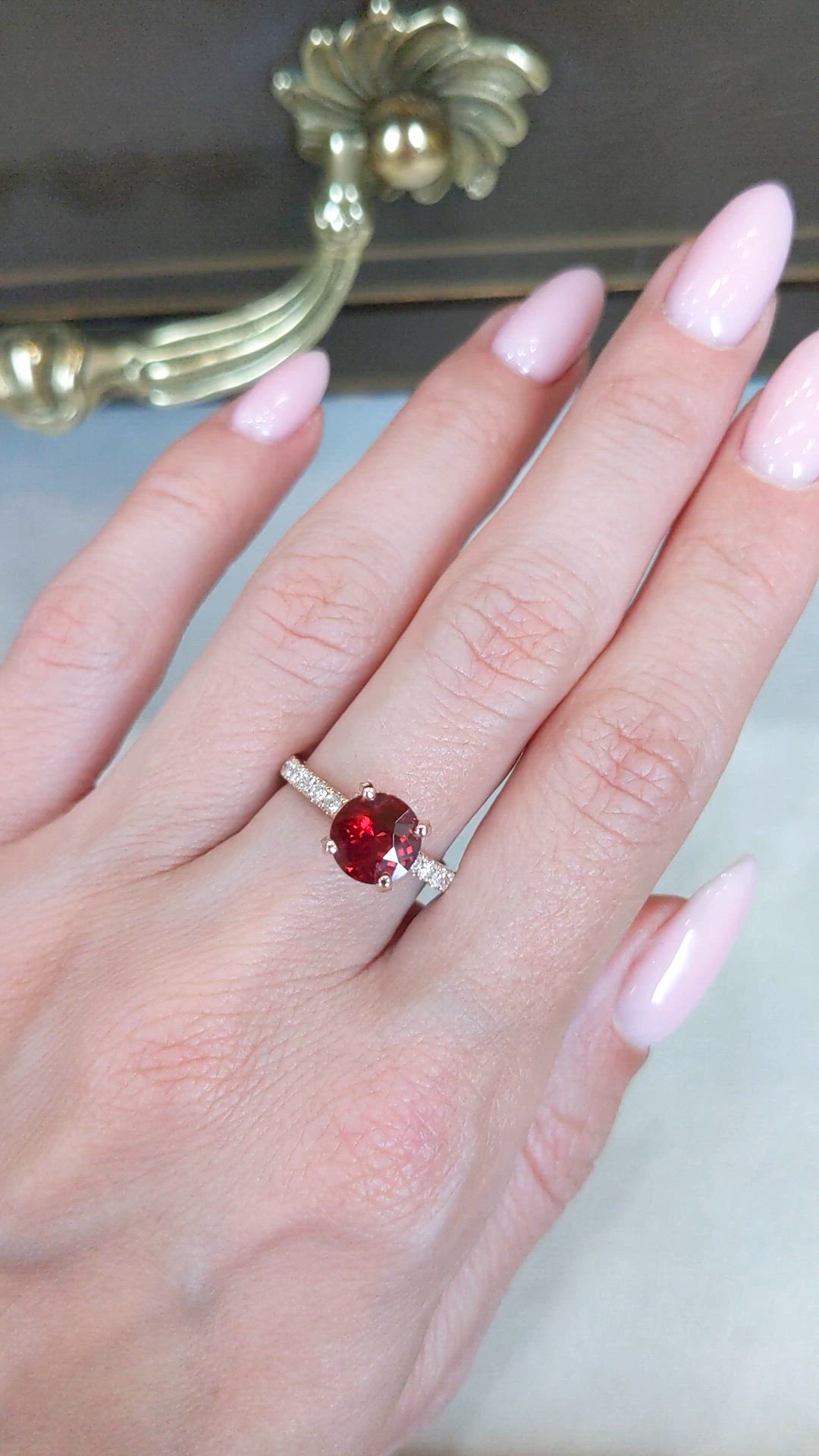 1.85 Ct. Purplish Red Garnet and Natural Diamond Pave Ring, 14K Rose Gold Size Video