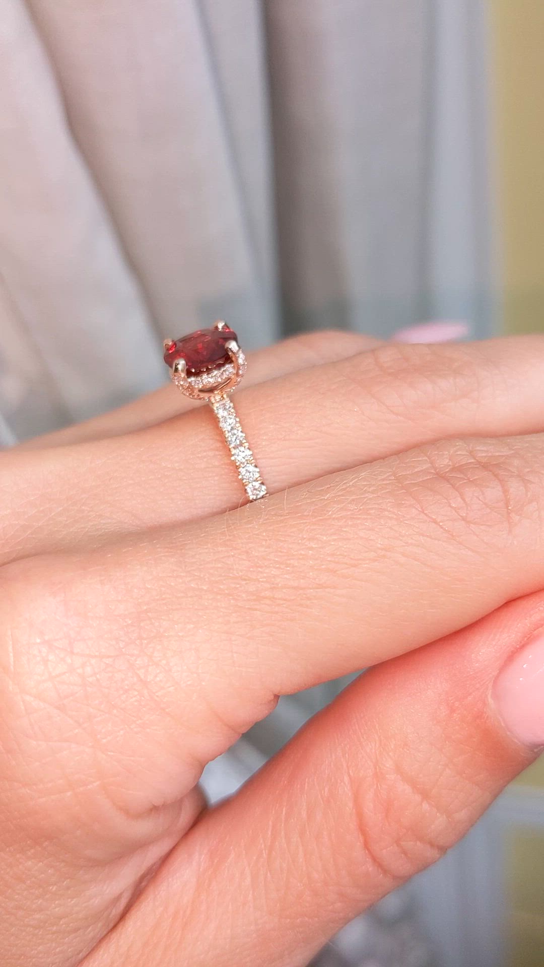1.85 Ct. Purplish Red Garnet and Natural Diamond Pave Ring, 14K Rose Gold Size Video