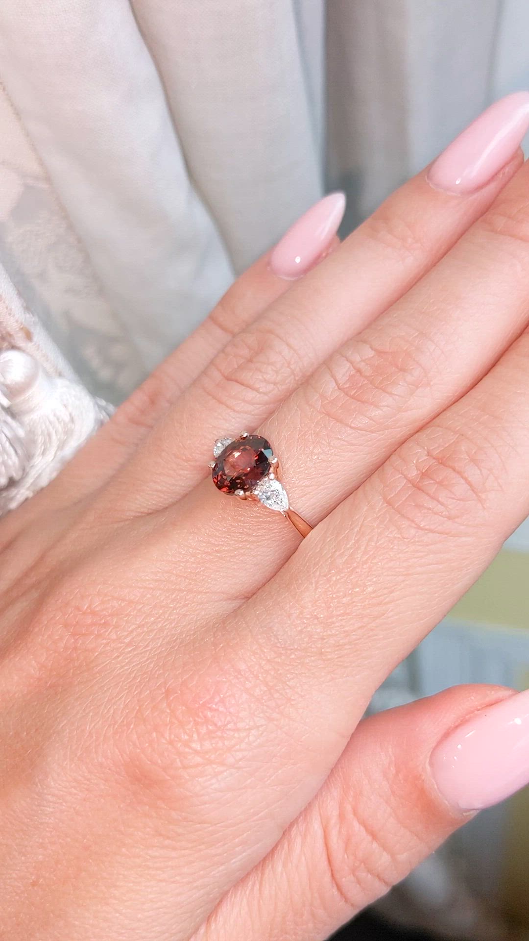 2.20 Ct. Orange Zircon and Natural Diamond Three Stone Ring, 14K Rose Gold Size Video