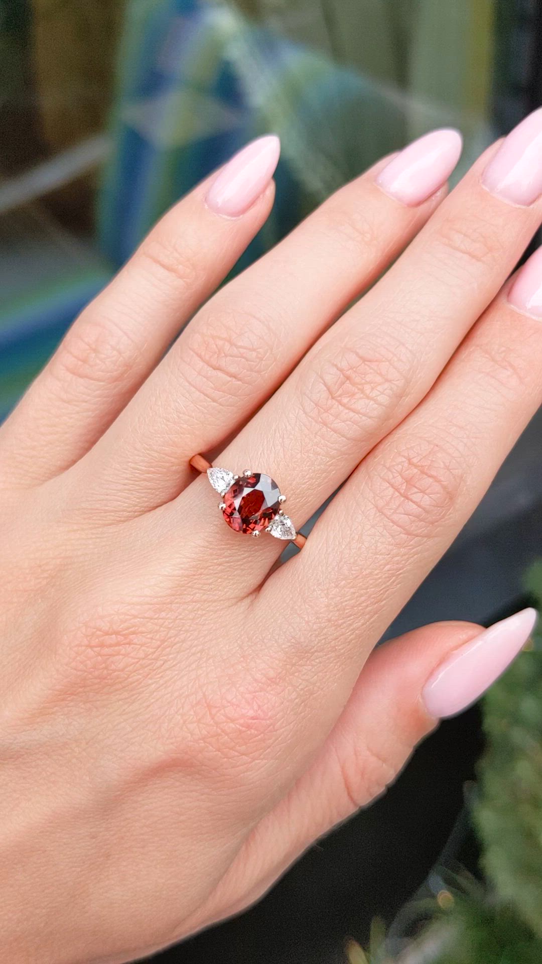 2.20 Ct. Orange Zircon and Natural Diamond Three Stone Ring, 14K Rose Gold Size Video