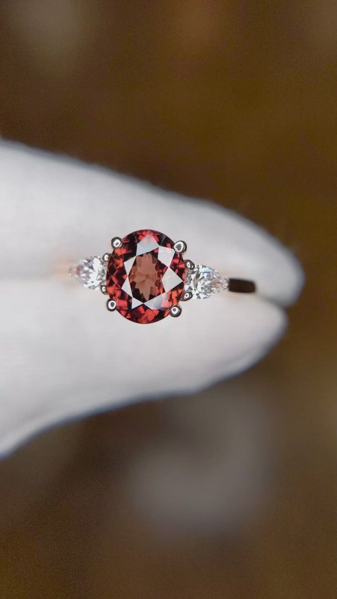 2.20 Ct. Orange Zircon and Natural Diamond Three Stone Ring, 14K Rose Gold Size Video