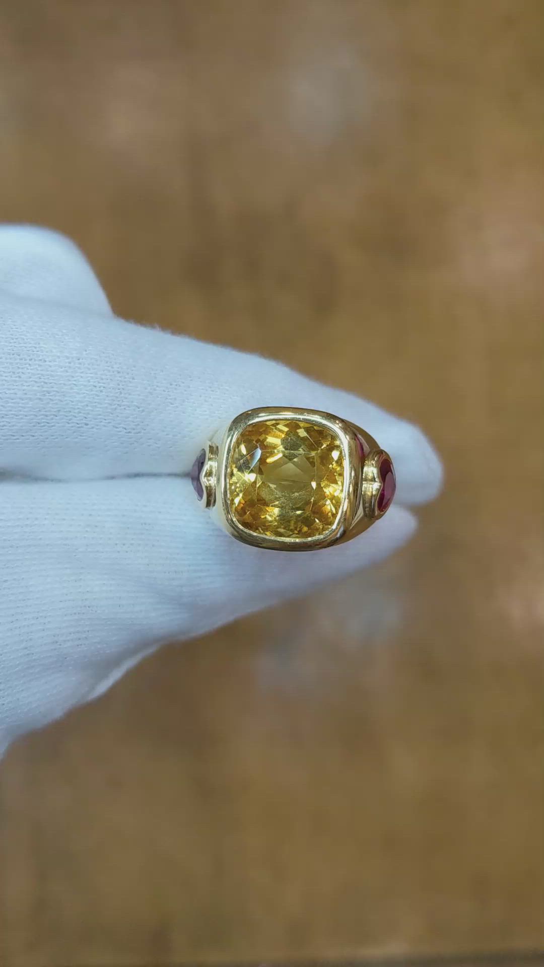 6.60 Ct. Yellow Citrine and Ruby Three Stone Ring, 14K Yellow Gold Size Video
