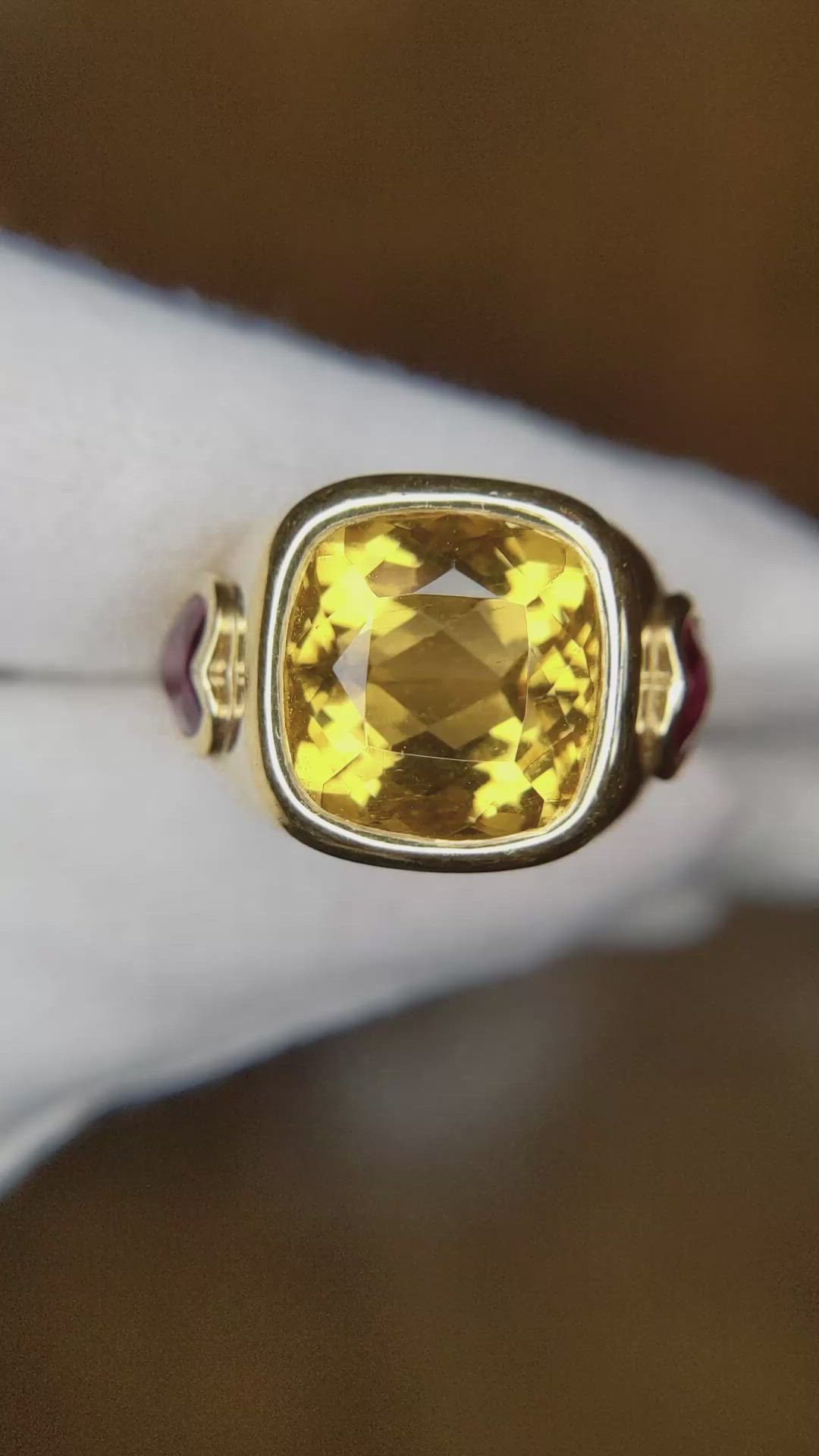 6.60 Ct. Yellow Citrine and Ruby Three Stone Ring, 14K Yellow Gold Size Video