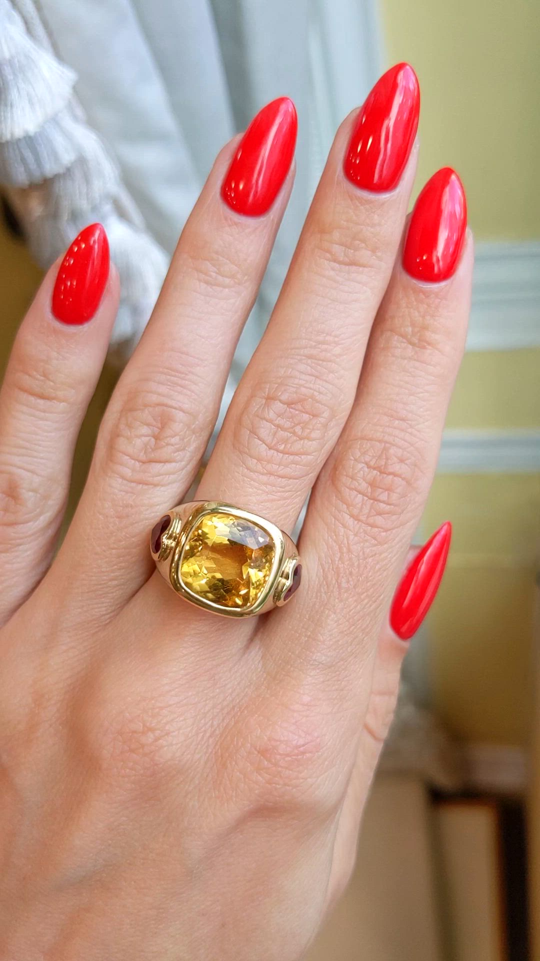 6.60 Ct. Yellow Citrine and Ruby Three Stone Ring, 14K Yellow Gold Size Video