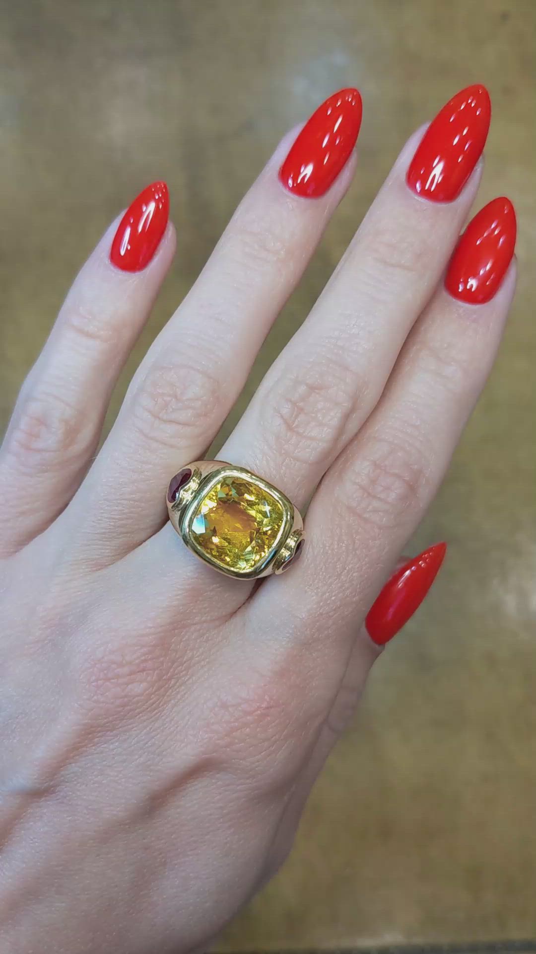 6.60 Ct. Yellow Citrine and Ruby Three Stone Ring, 14K Yellow Gold Size Video