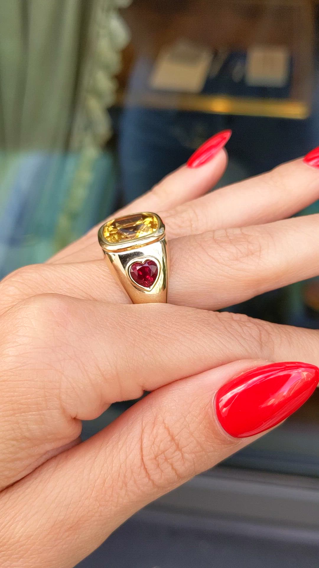 6.60 Ct. Yellow Citrine and Ruby Three Stone Ring, 14K Yellow Gold Size Video