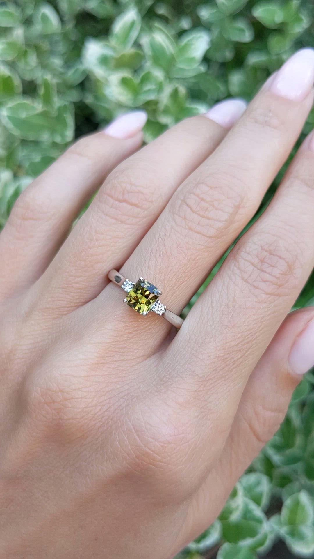 1.11 Ct. Yellowish Green Chrysoberyl and Natural Diamond Three Stone Ring, Platinum 950 Size Video
