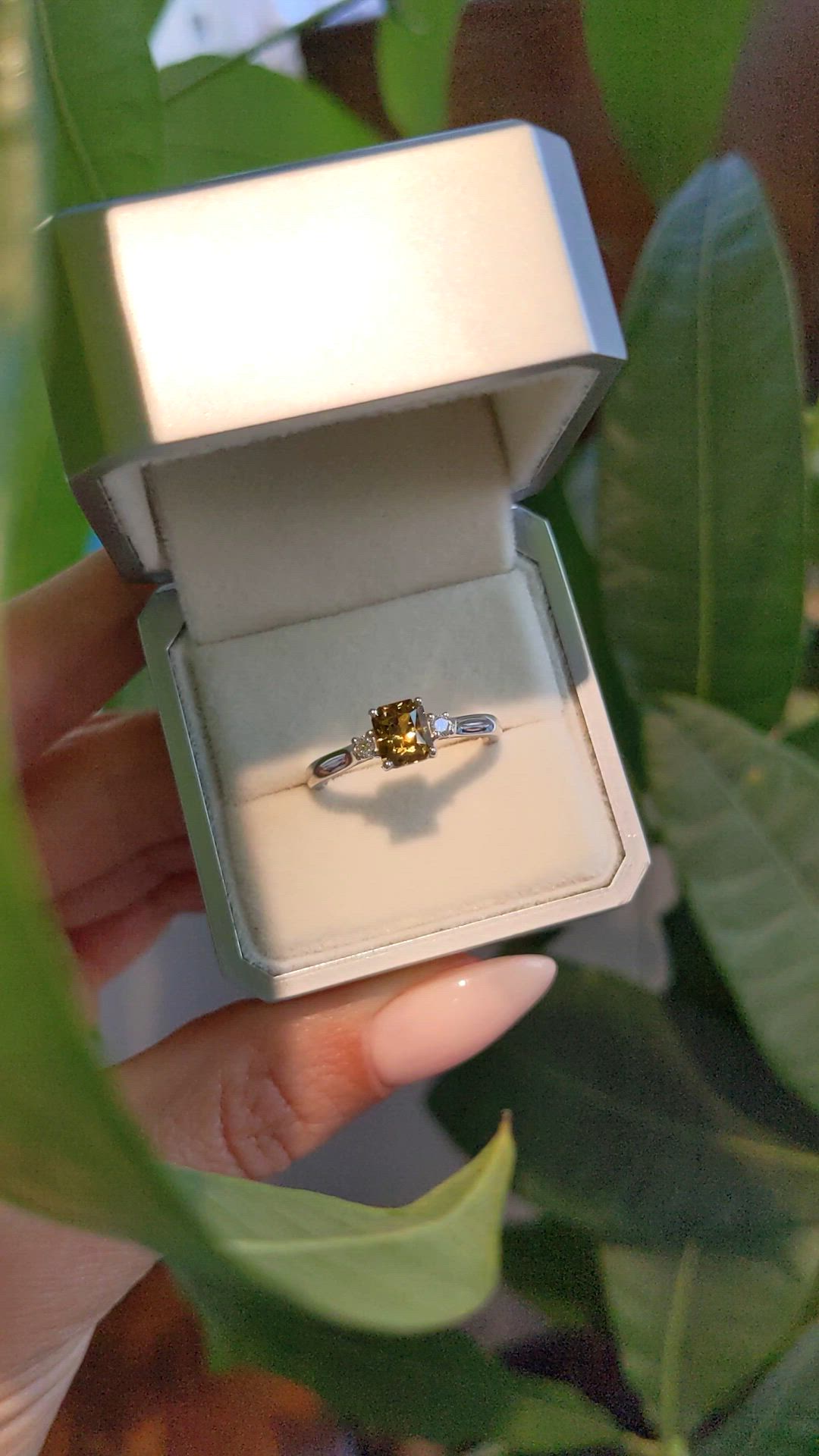 1.11 Ct. Yellowish Green Chrysoberyl and Natural Diamond Three Stone Ring, Platinum 950 Size Video