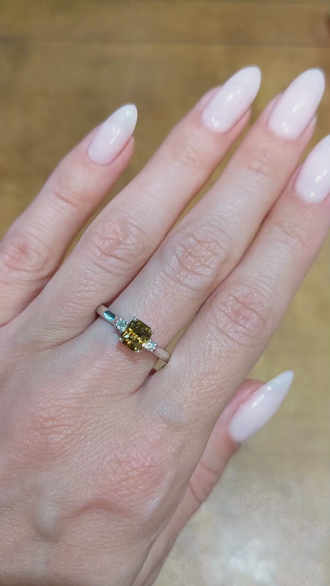1.11 Ct. Yellowish Green Chrysoberyl and Natural Diamond Three Stone Ring, Platinum 950 Size Video