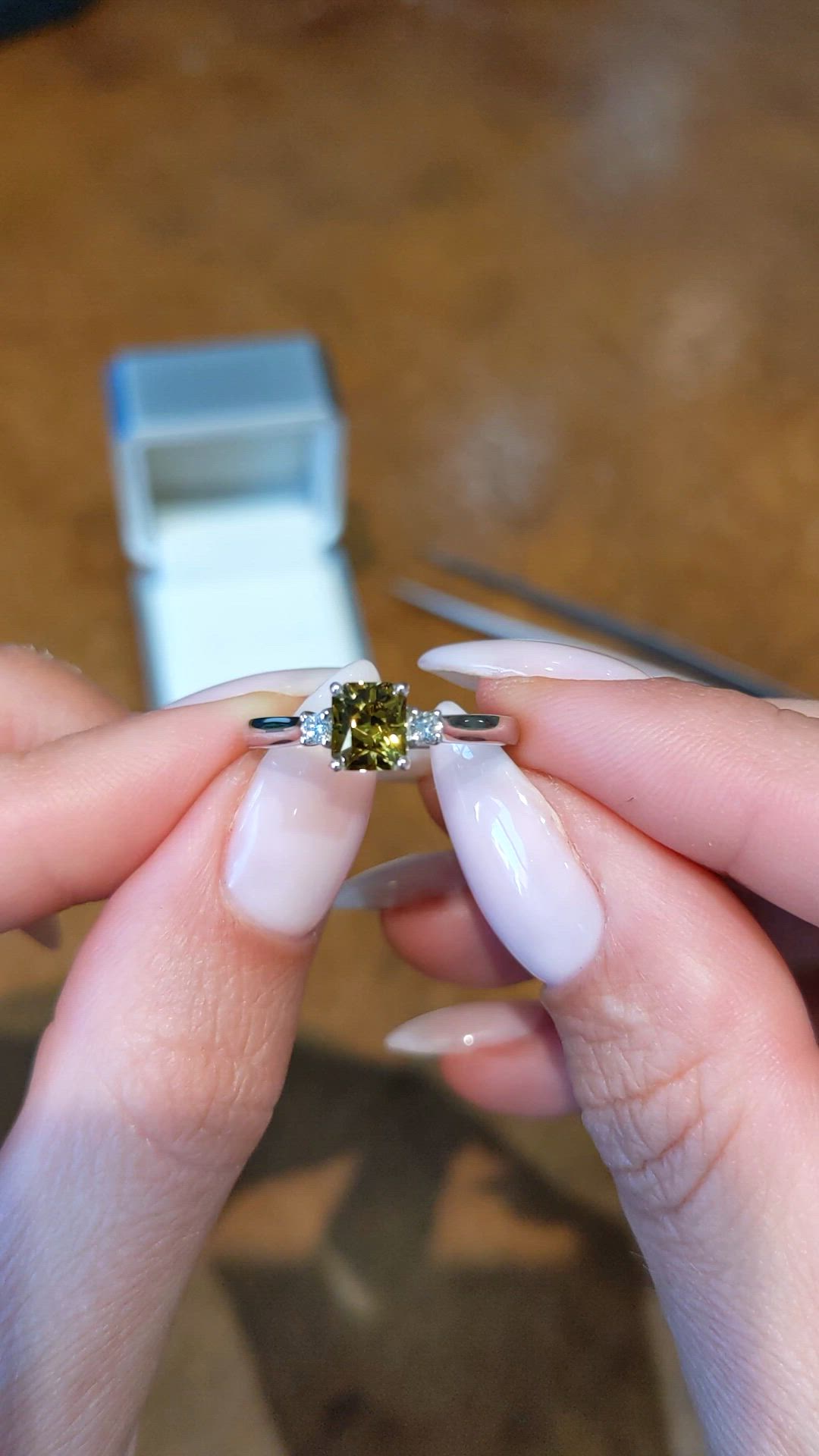 1.11 Ct. Yellowish Green Chrysoberyl and Natural Diamond Three Stone Ring, Platinum 950 Size Video