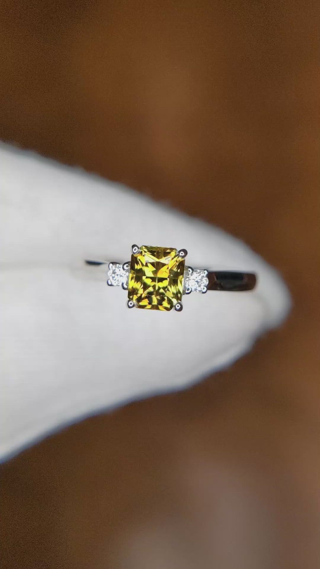 1.11 Ct. Yellowish Green Chrysoberyl and Natural Diamond Three Stone Ring, Platinum 950 Size Video