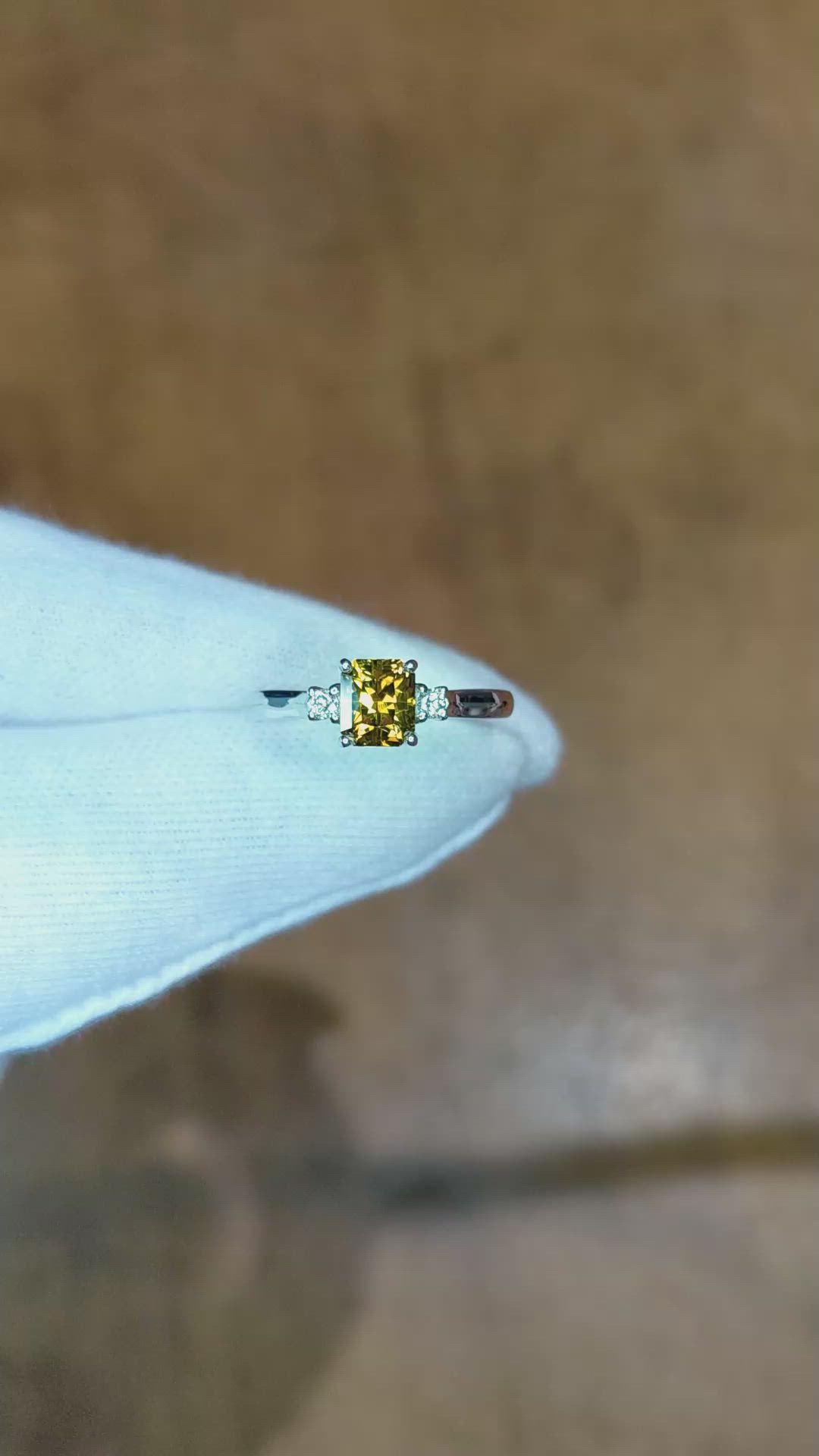 1.11 Ct. Yellowish Green Chrysoberyl and Natural Diamond Three Stone Ring, Platinum 950 Size Video