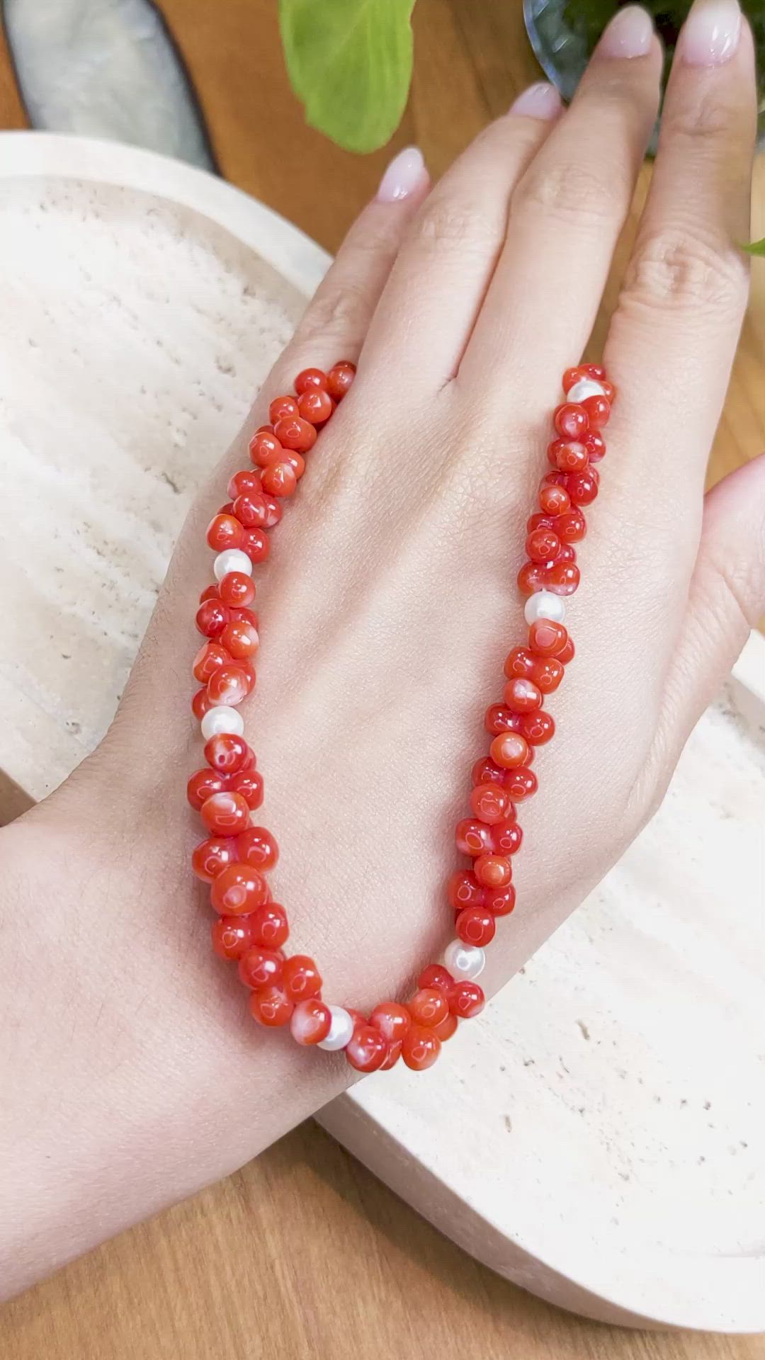 156.95 Ct. Red Coral and White Freshwater Pearl Multi Stone Necklace, 18K Yellow Gold Size Video