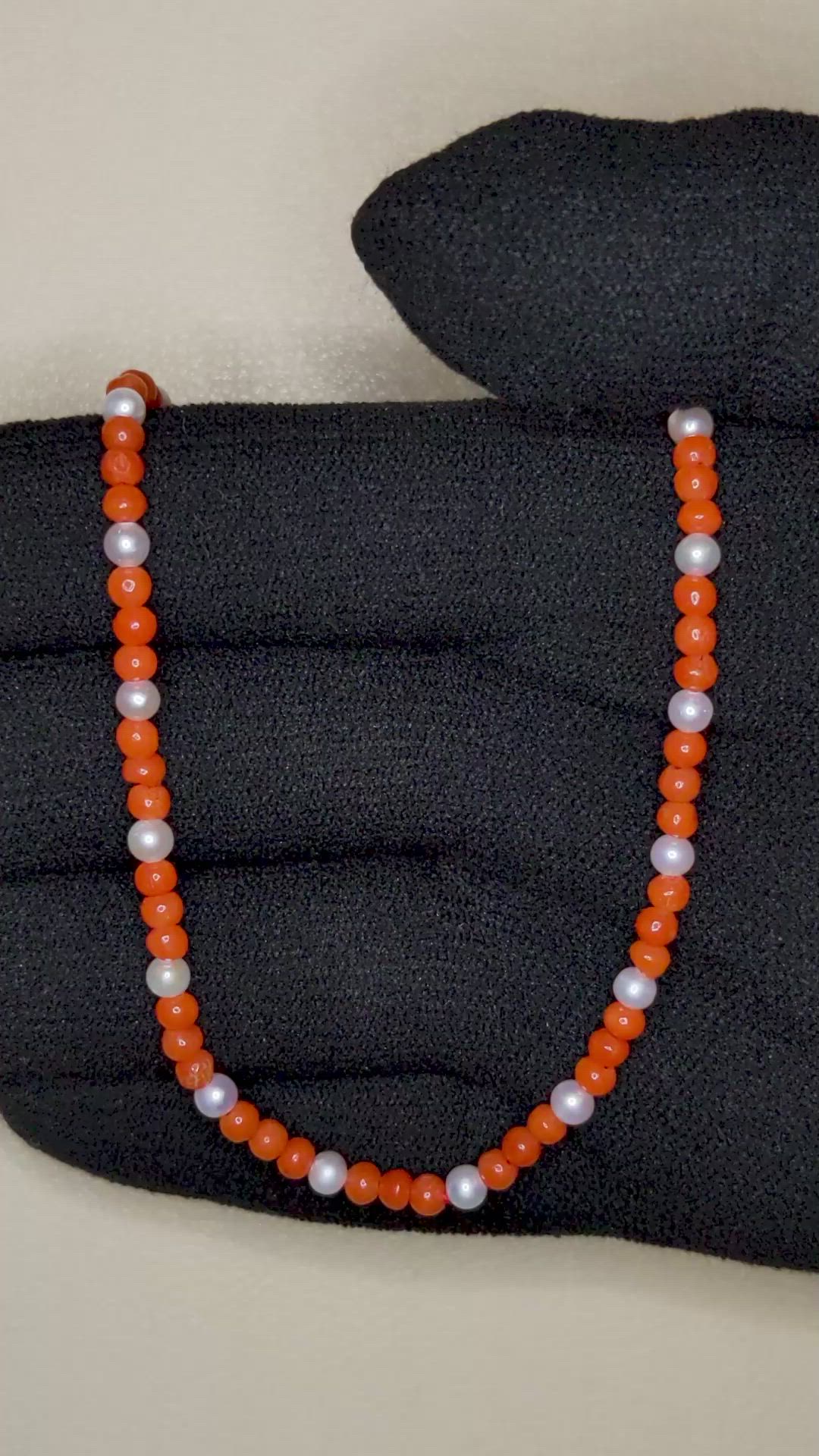 15.85 Ct. Salmon (Orange) Coral and White Freshwater Pearl Multi Stone Necklace, 18K Yellow Gold Size Video