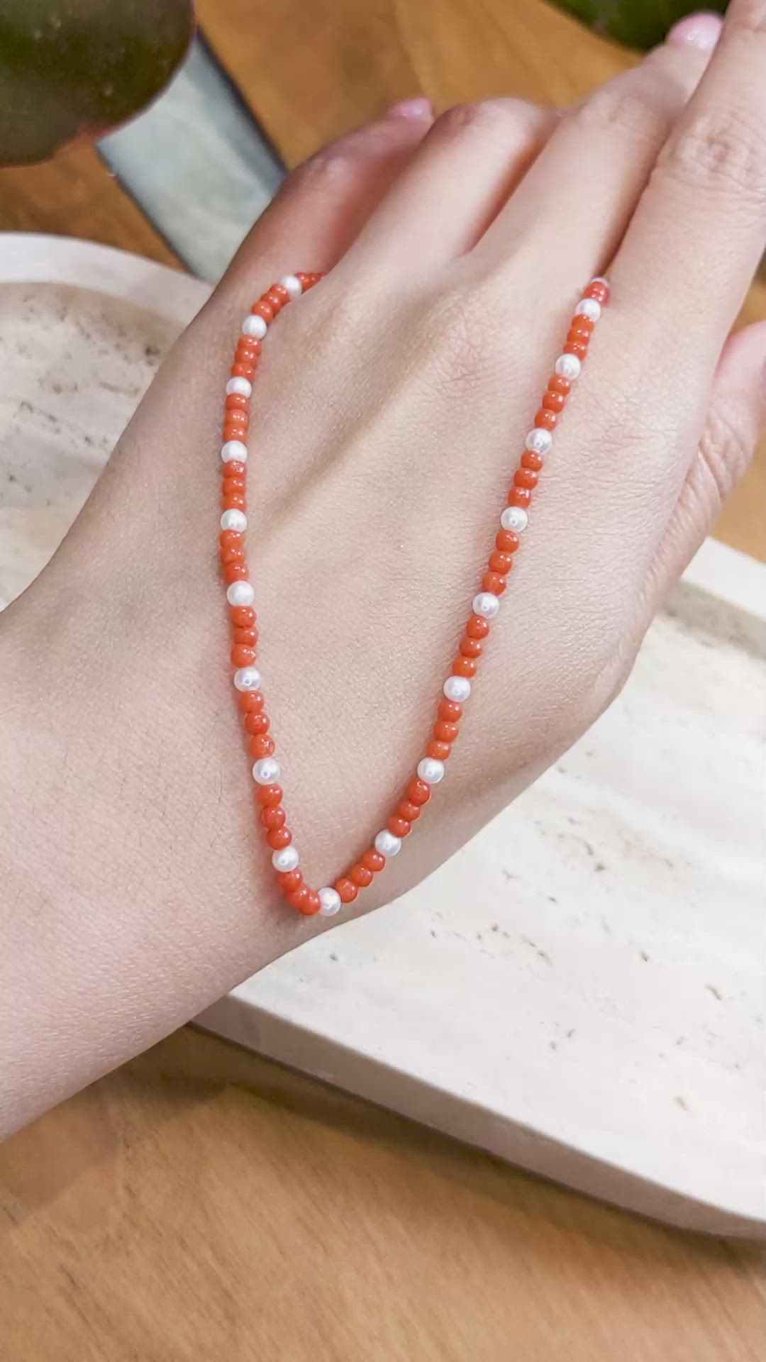 15.85 Ct. Salmon (Orange) Coral and White Freshwater Pearl Multi Stone Necklace, 18K Yellow Gold Size Video