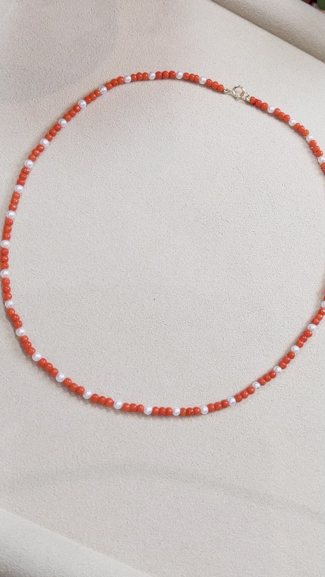15.85 Ct. Salmon (Orange) Coral and White Freshwater Pearl Multi Stone Necklace, 18K Yellow Gold Size Video