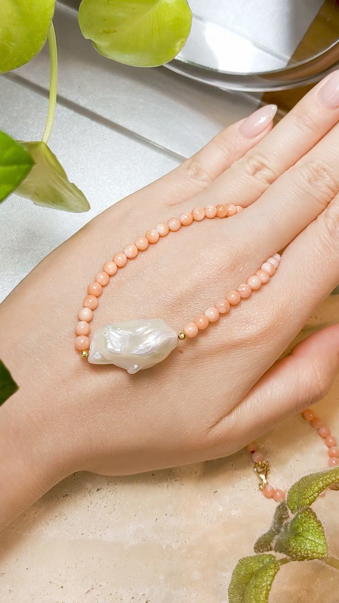 30.71 Ct. White Freshwater Pearl and Salmon (Orange) Coral Multi Stone Necklace, 18K Yellow Gold Size Video