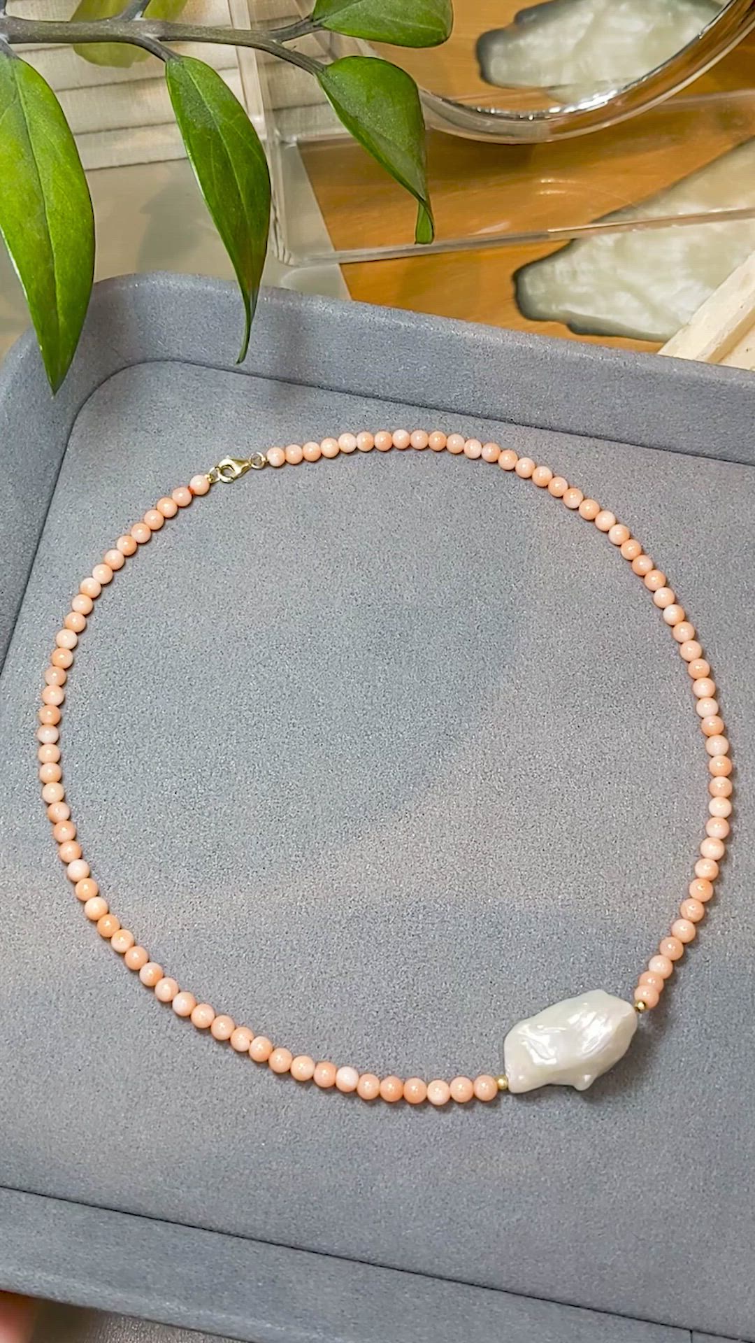 30.71 Ct. White Freshwater Pearl and Salmon (Orange) Coral Multi Stone Necklace, 18K Yellow Gold Size Video