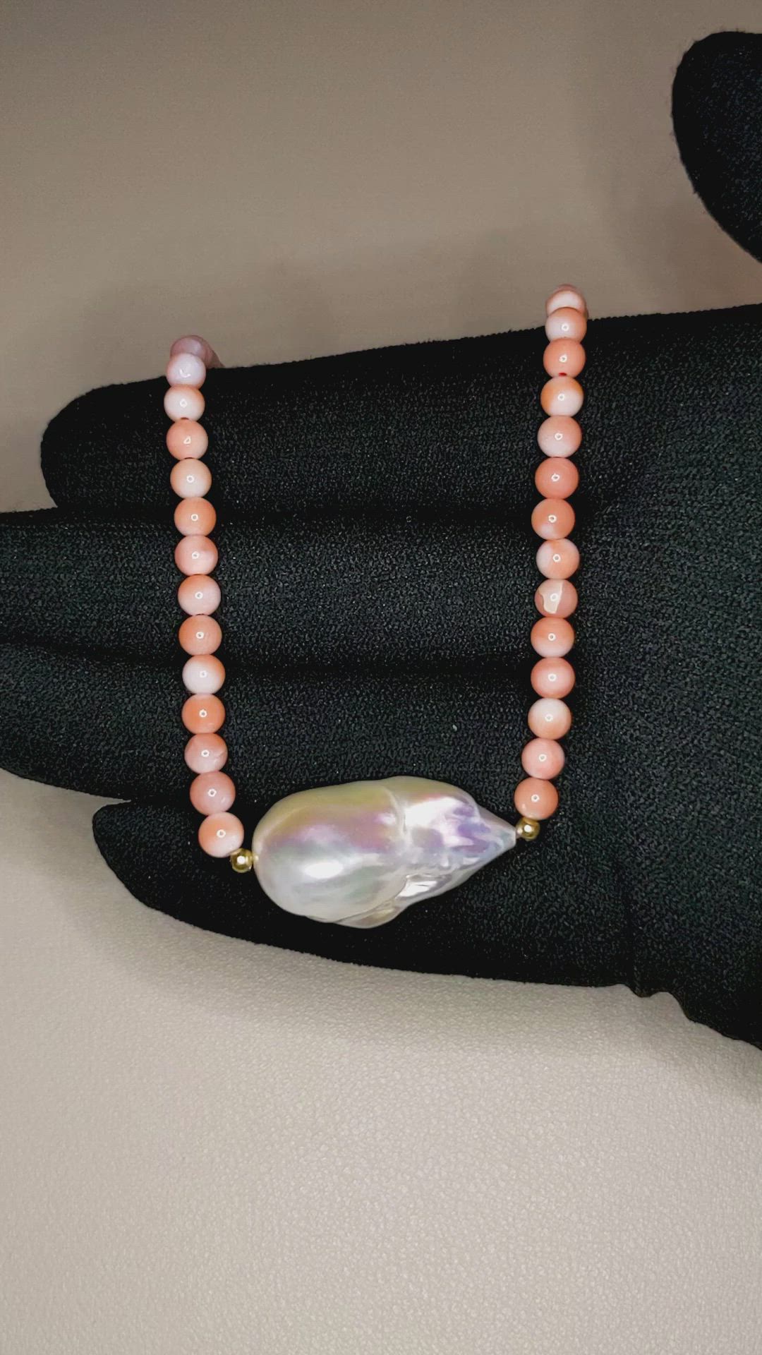 30.71 Ct. White Freshwater Pearl and Salmon (Orange) Coral Multi Stone Necklace, 18K Yellow Gold Size Video