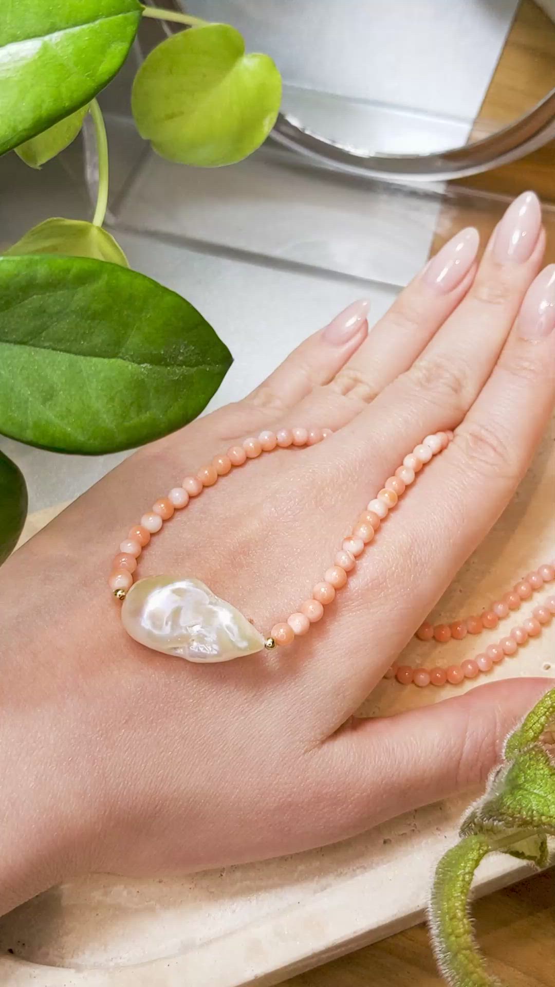 33.72 Ct. White Freshwater Pearl and Salmon (Orange) Coral Multi Stone Necklace, 18K Yellow Gold Size Video