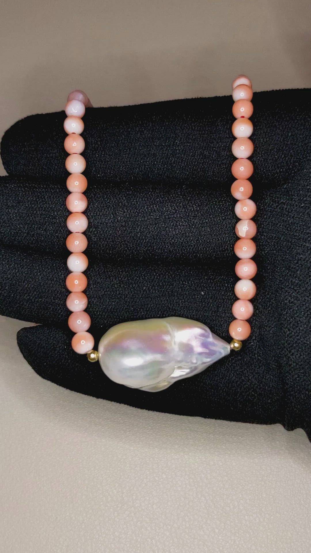 33.72 Ct. White Freshwater Pearl and Salmon (Orange) Coral Multi Stone Necklace, 18K Yellow Gold Size Video