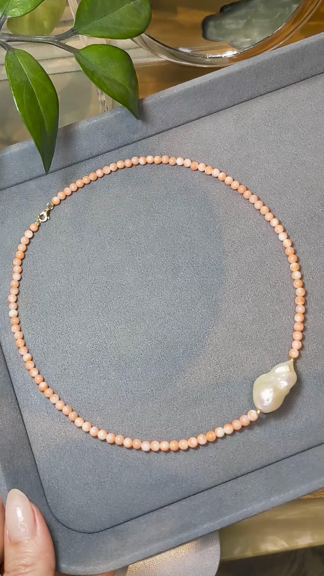 33.72 Ct. White Freshwater Pearl and Salmon (Orange) Coral Multi Stone Necklace, 18K Yellow Gold Size Video
