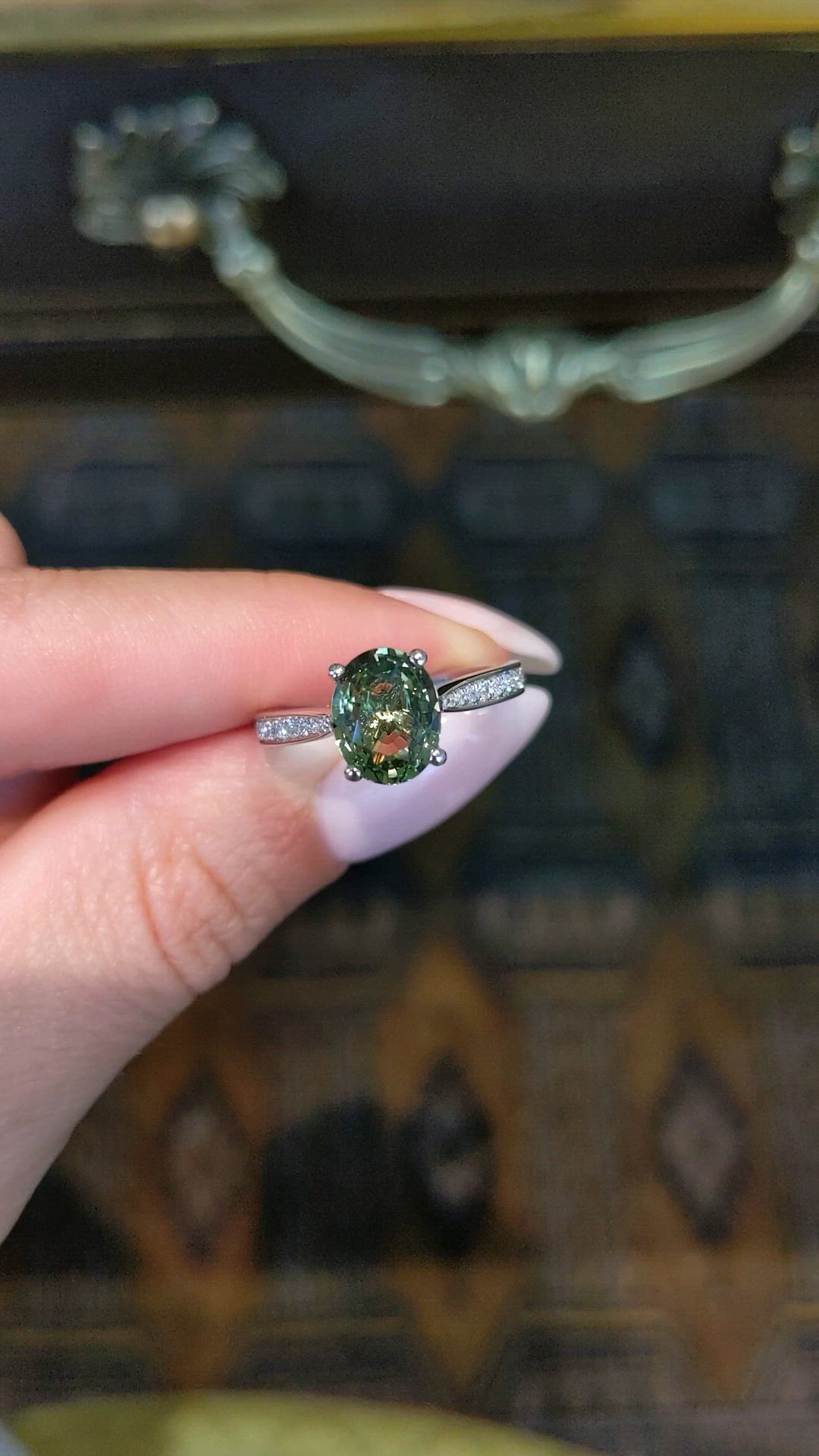 2.44 Ct. Green Chrysoberyl and Natural Diamond Pave Ring, Platinum 950 Size Video