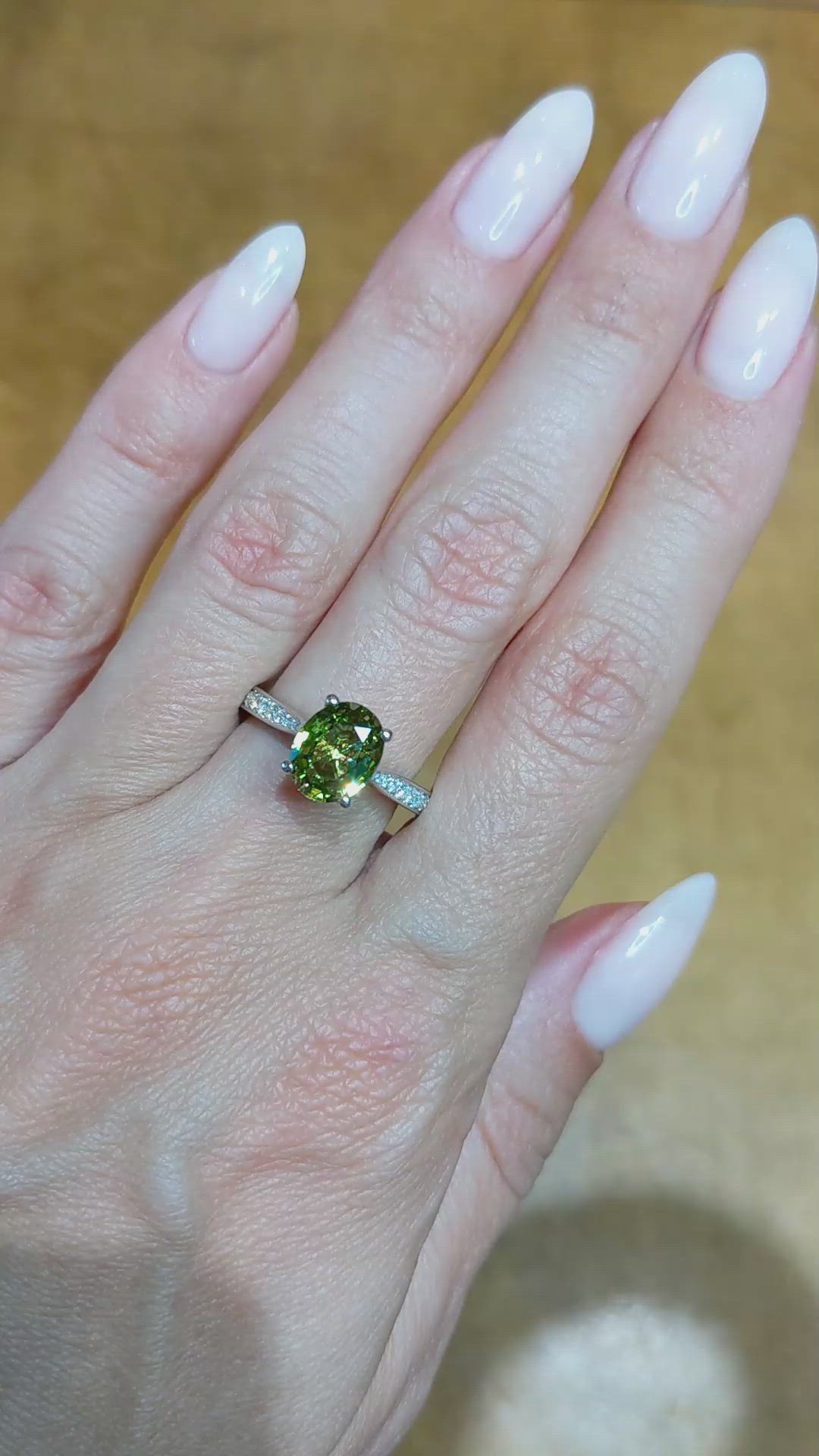 2.44 Ct. Green Chrysoberyl and Natural Diamond Pave Ring, Platinum 950 Size Video