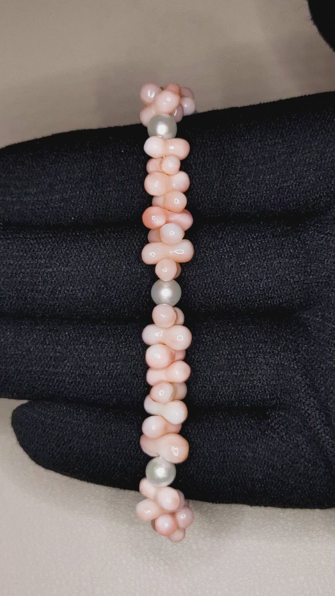 39.70 Ct.Tw.Total Carat Weight Pink Coral and White Freshwater Pearl Tennis/Line Bracelet, 18K White Gold Size Video