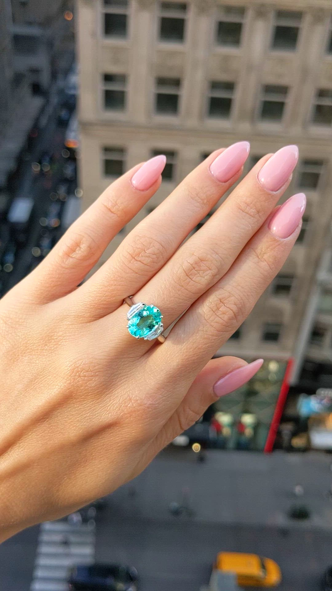 2.88 Ct. Greenish Blue Paraiba Tourmaline and Natural Diamond Three Stone Ring, Platinum 950 Size Video