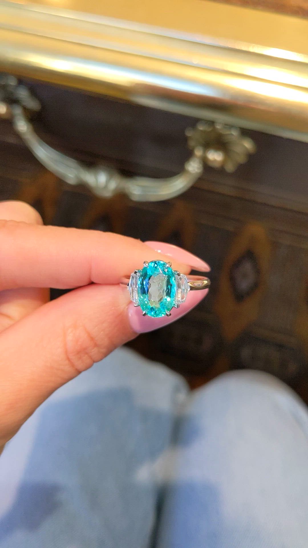 2.88 Ct. Greenish Blue Paraiba Tourmaline and Natural Diamond Three Stone Ring, Platinum 950 Size Video